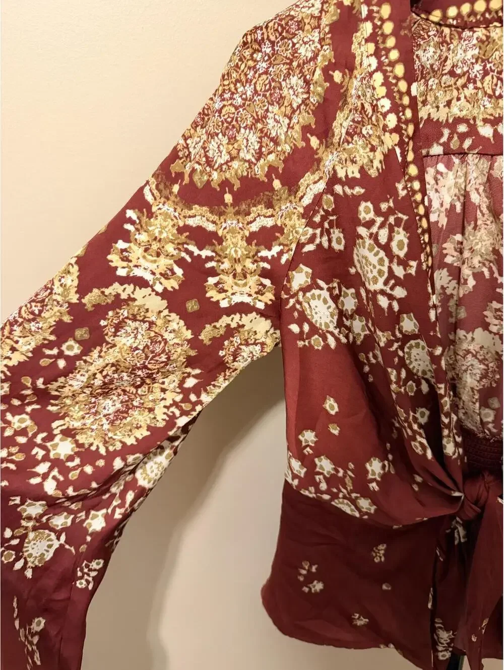 Free People Boho Tie Front Blouse Women’s XS Burgundy Floral Long Sleeve Top